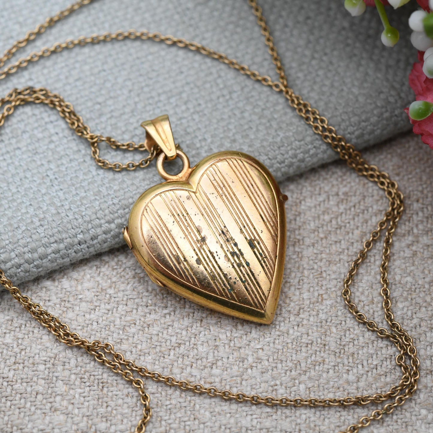 Vintage Rolled Gold Heart Locket Pendant Necklace on Chain by Rodi Wienenberger - Pin Stripe Design