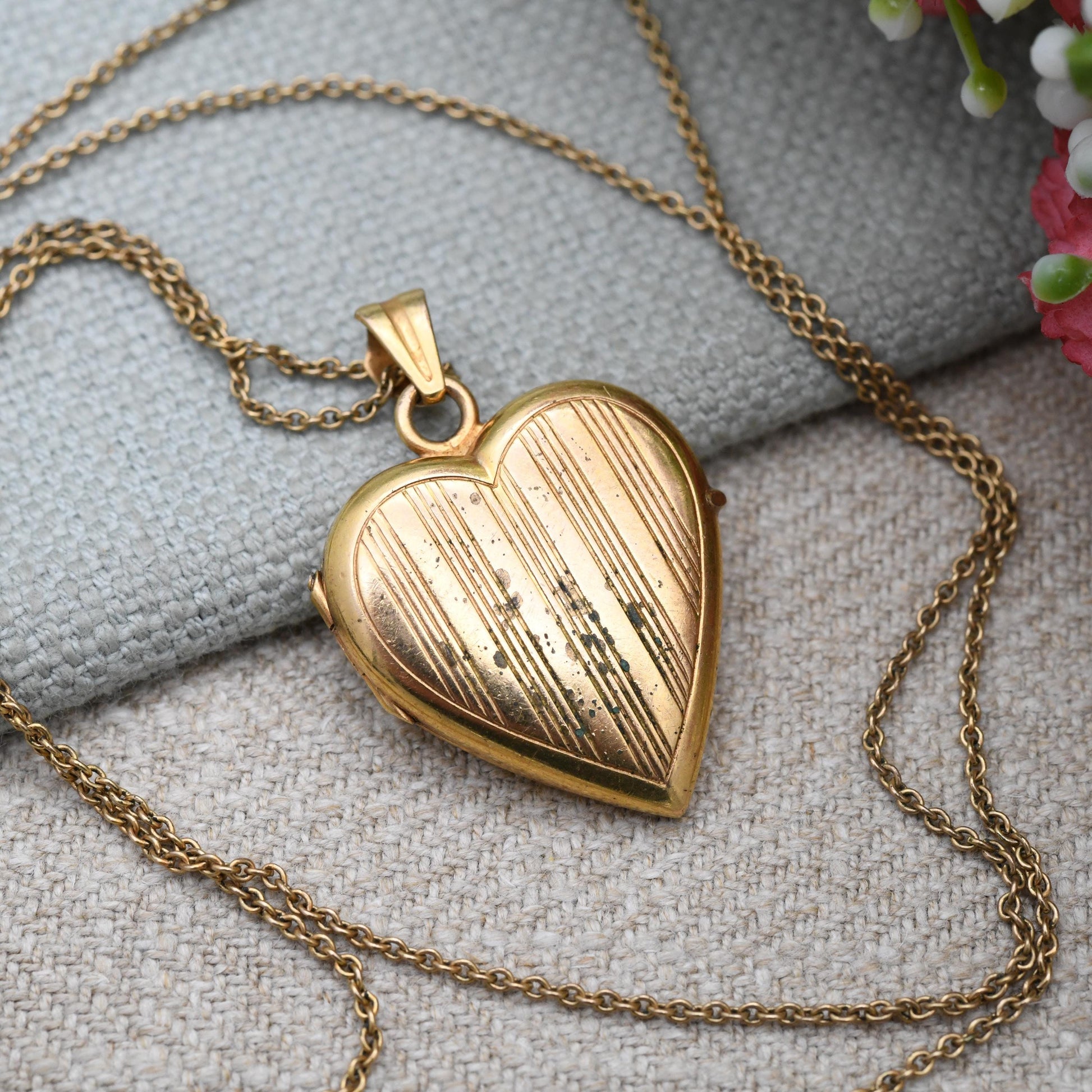 Vintage Rolled Gold Heart Locket Pendant Necklace on Chain by Rodi Wienenberger - Pin Stripe Design
