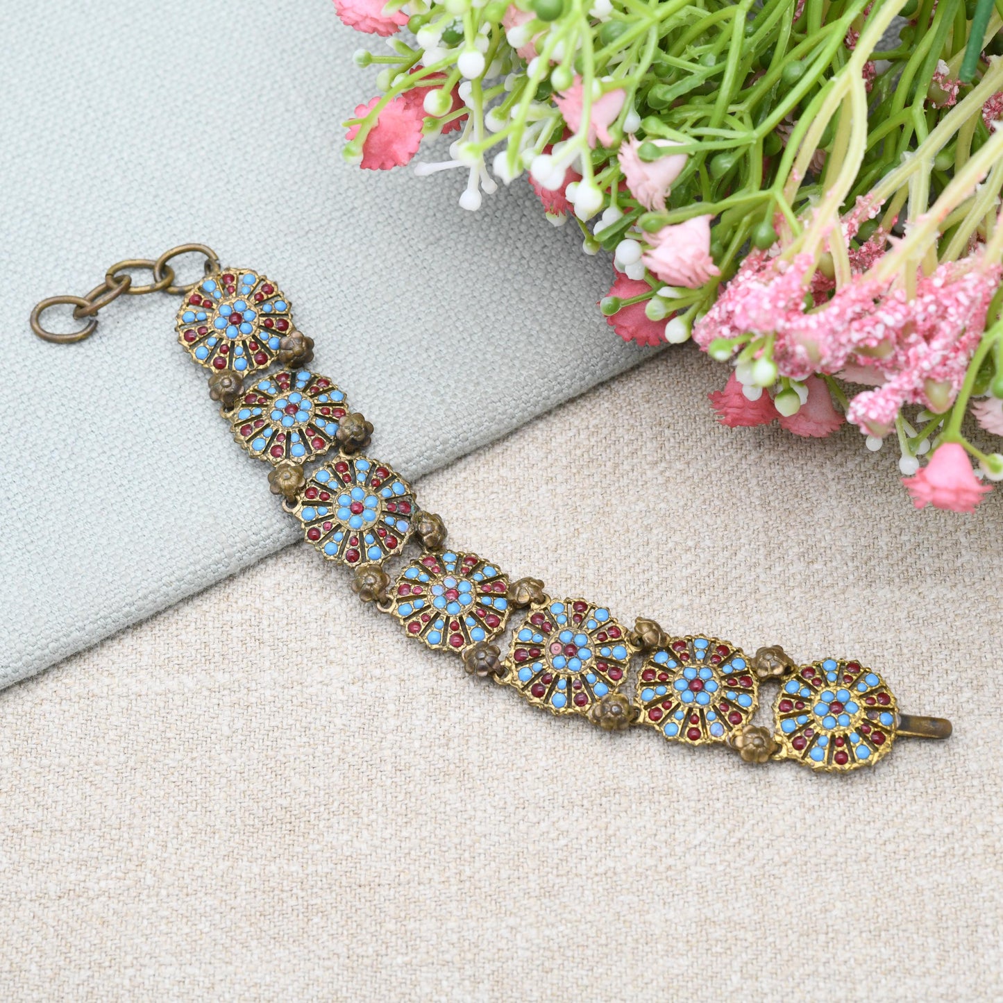 True Vintage Panel Bracelet Faux Turquoise and Imitation Coral c. 1930s