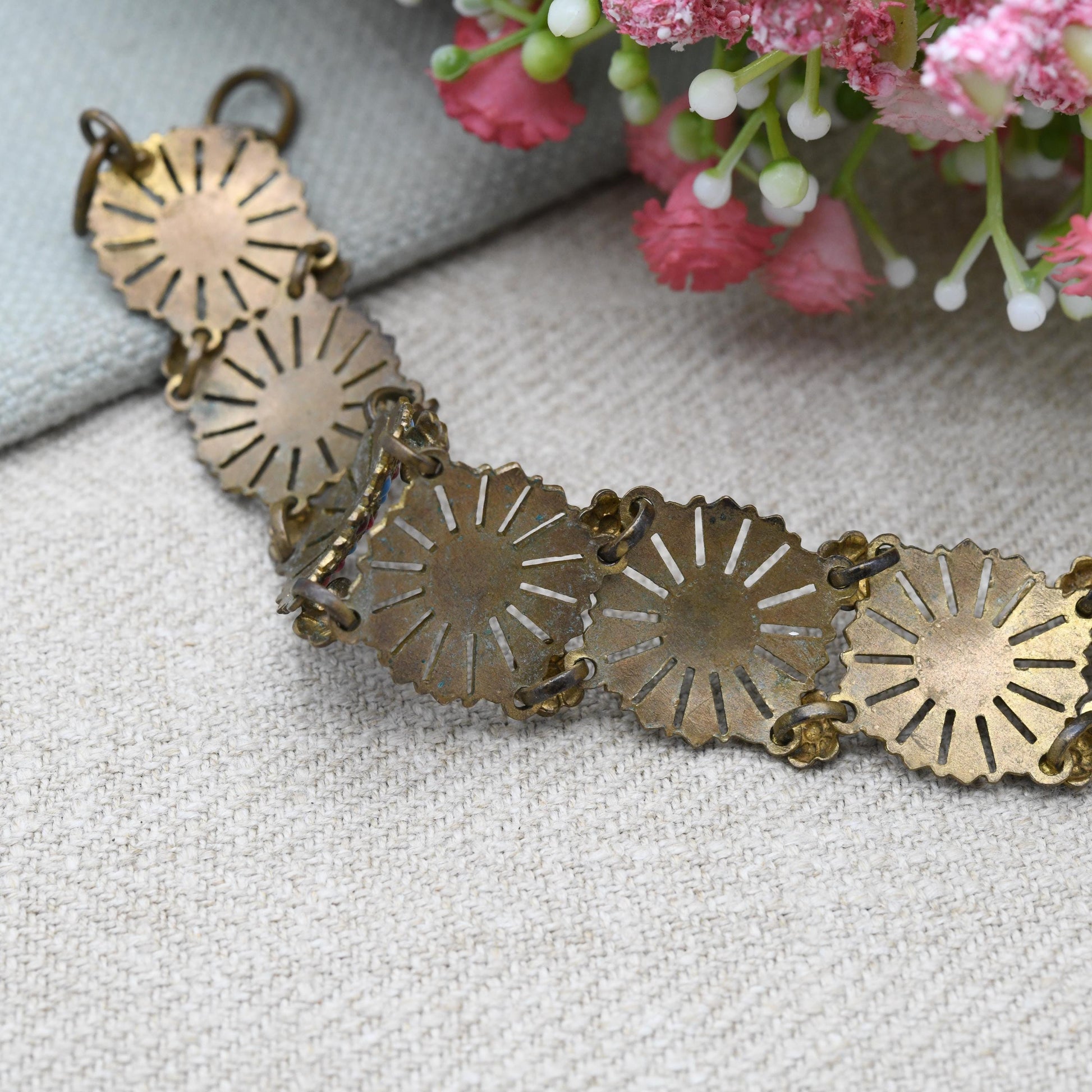 True Vintage Panel Bracelet Faux Turquoise and Imitation Coral c. 1930s