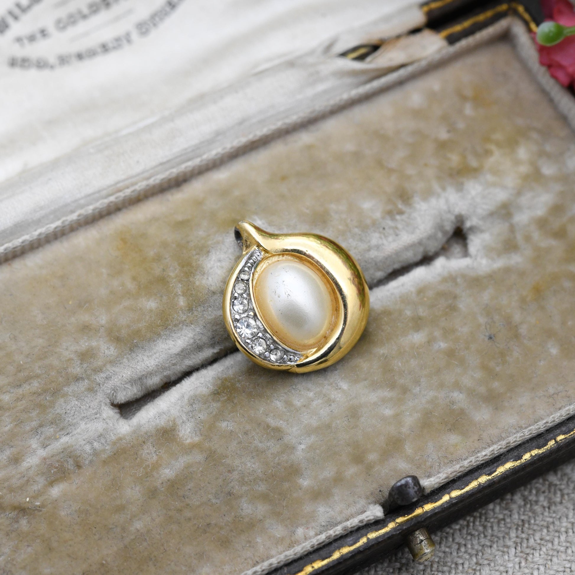 Vintage Trifari Pendant Gold Tone with Faux Pearl and Clear Stone Half Halo c. 1980s