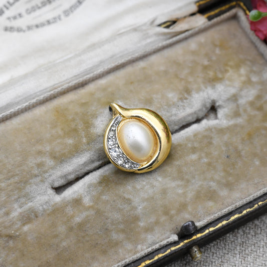 Vintage Trifari Pendant Gold Tone with Faux Pearl and Clear Stone Half Halo c. 1980s