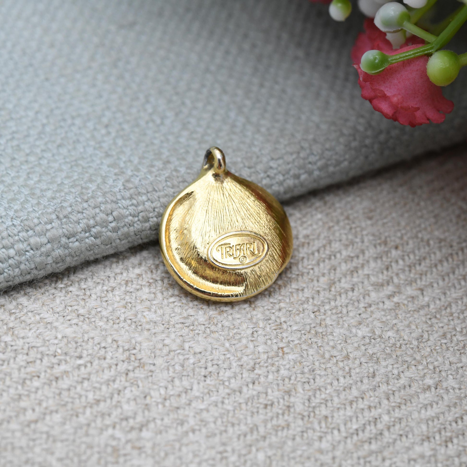 Vintage Trifari Pendant Gold Tone with Faux Pearl and Clear Stone Half Halo c. 1980s