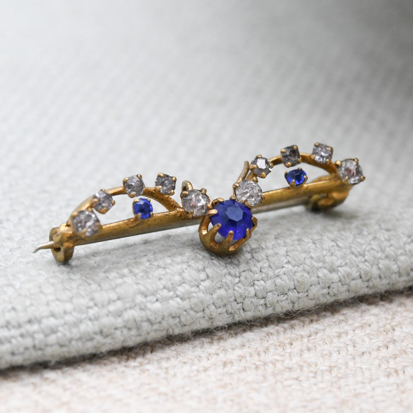 Antique Edwardian Paste Bar Brooch Blue and Clear Stones with Pendant Drop Loop