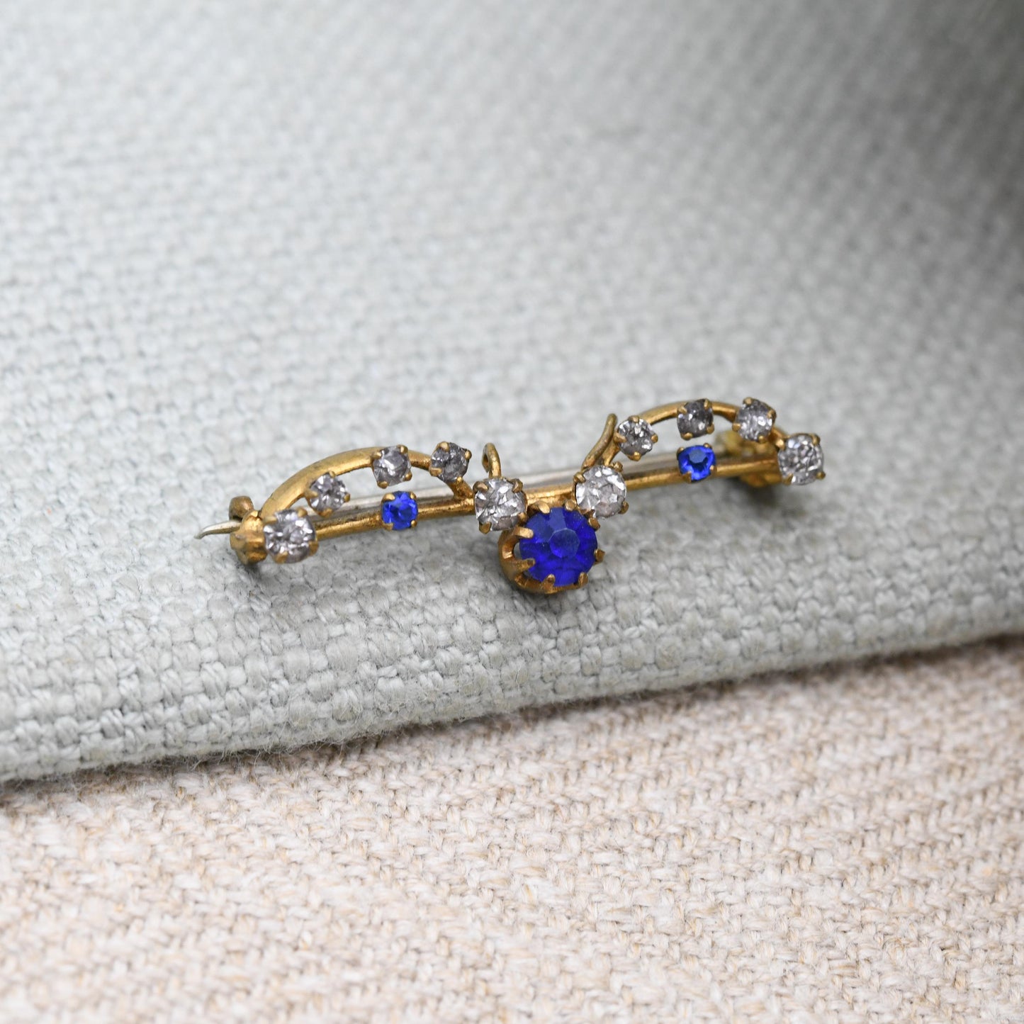Antique Edwardian Paste Bar Brooch Blue and Clear Stones with Pendant Drop Loop