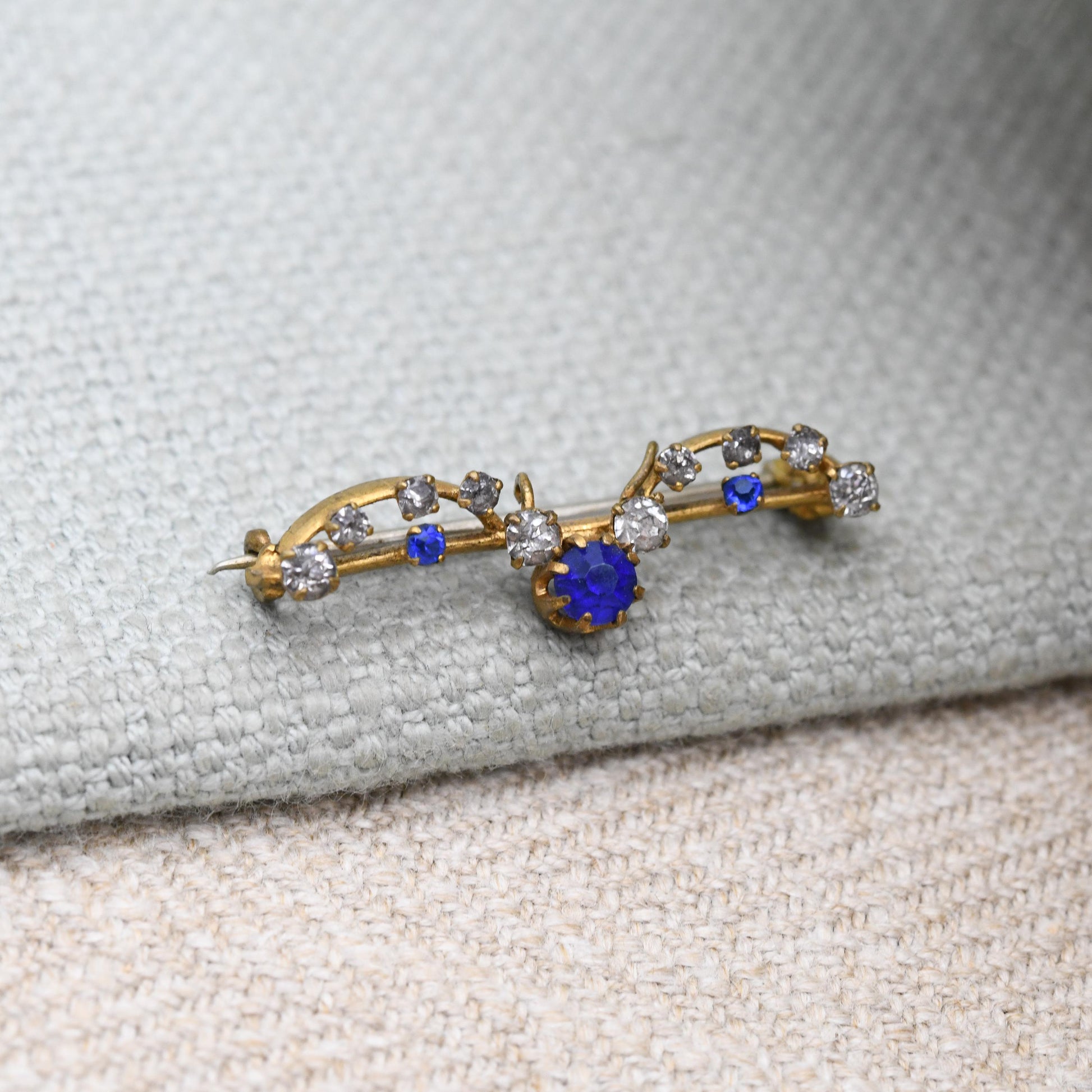 Antique Edwardian Paste Bar Brooch Blue and Clear Stones with Pendant Drop Loop