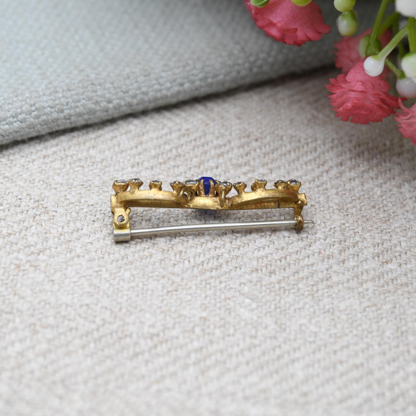 Antique Edwardian Paste Bar Brooch Blue and Clear Stones with Pendant Drop Loop