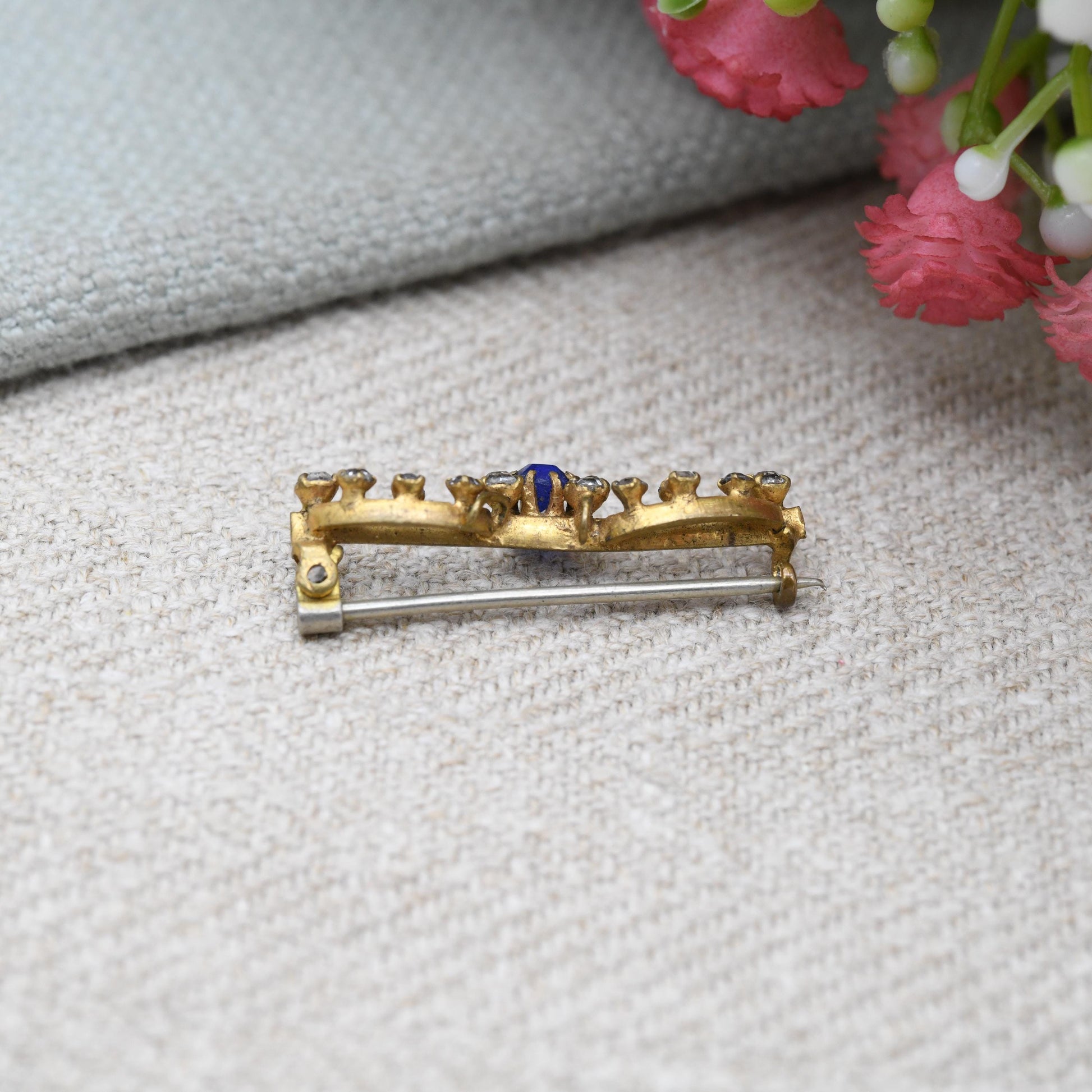 Antique Edwardian Paste Bar Brooch Blue and Clear Stones with Pendant Drop Loop
