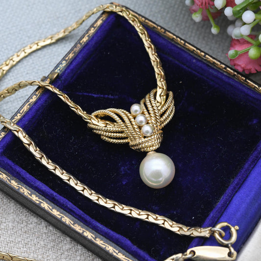 Vintage Grossé Faux Pearl Necklace 1965 German Designer Signed Jewellery - Gold Plated Woven Drop Integral Pendant