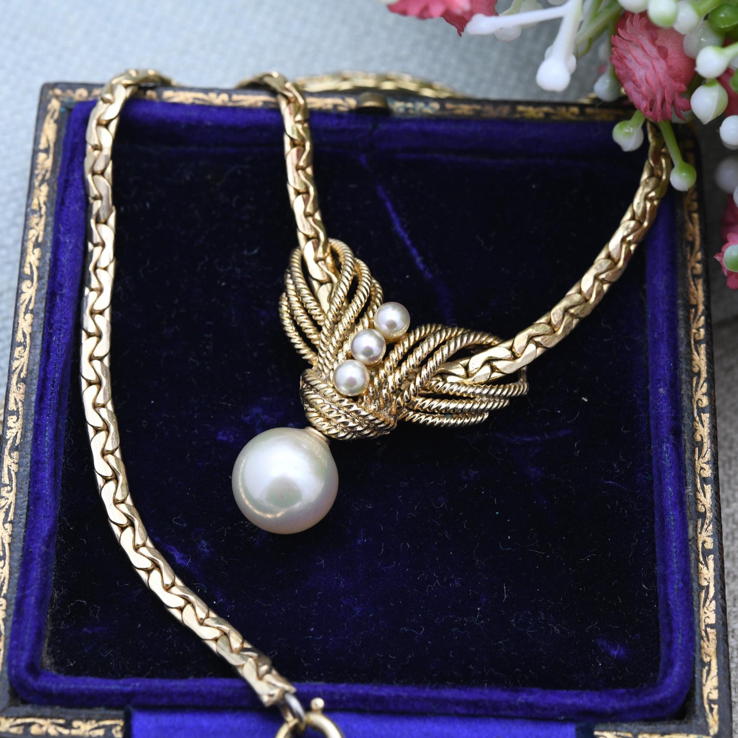 Vintage Grossé Faux Pearl Necklace 1965 German Designer Signed Jewellery - Gold Plated Woven Drop Integral Pendant