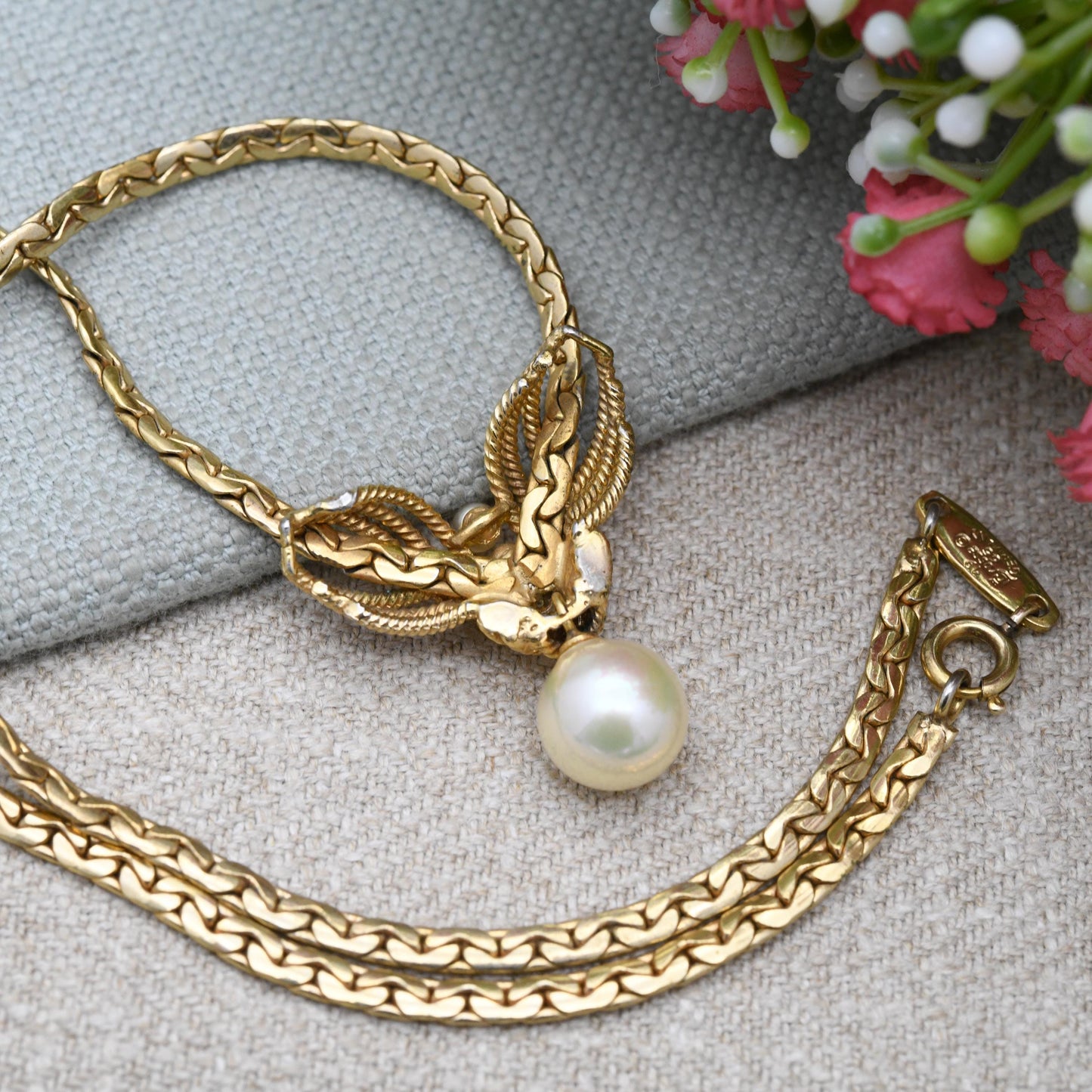 Vintage Grossé Faux Pearl Necklace 1965 German Designer Signed Jewellery - Gold Plated Woven Drop Integral Pendant