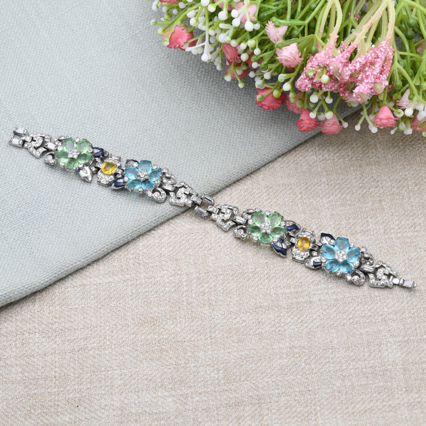Art Deco Trifari Bracelet by Alfred Philippe 1939 with Pastel Colour Faceted Stones Flower Panels - Collectable Designer Costume Jewellery