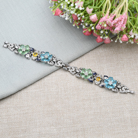 Art Deco Trifari Bracelet by Alfred Philippe 1939 with Pastel Colour Faceted Stones Flower Panels - Collectable Designer Costume Jewellery