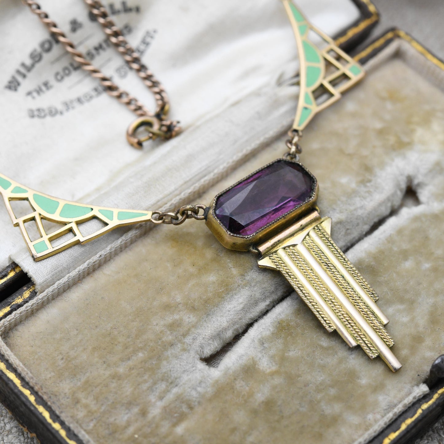 Antique Art Deco Rolled Gold Necklace with Green Enamel Panels and Purple Paste c. 1920s