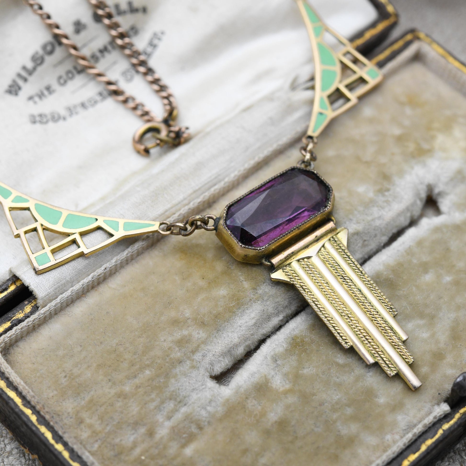 Antique Art Deco Rolled Gold Necklace with Green Enamel Panels and Purple Paste c. 1920s