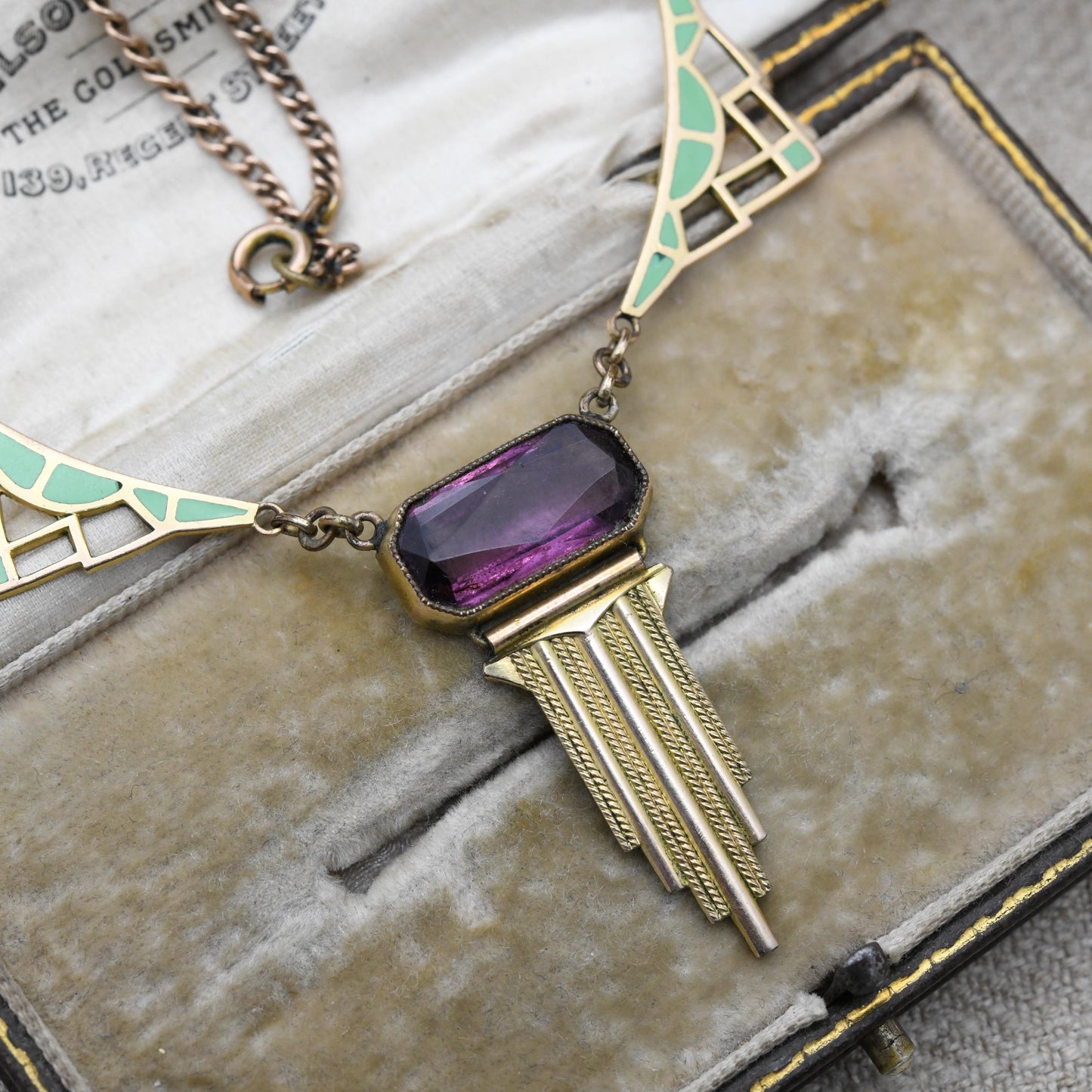 Antique Art Deco Rolled Gold Necklace with Green Enamel Panels and Purple Paste c. 1920s