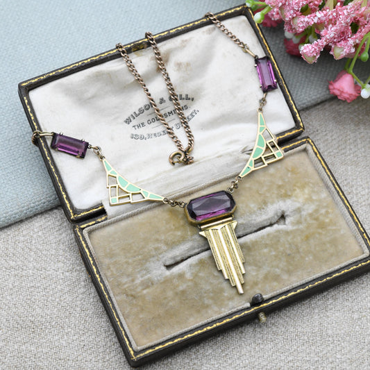 Antique Art Deco Rolled Gold Necklace with Green Enamel Panels and Purple Paste c. 1920s