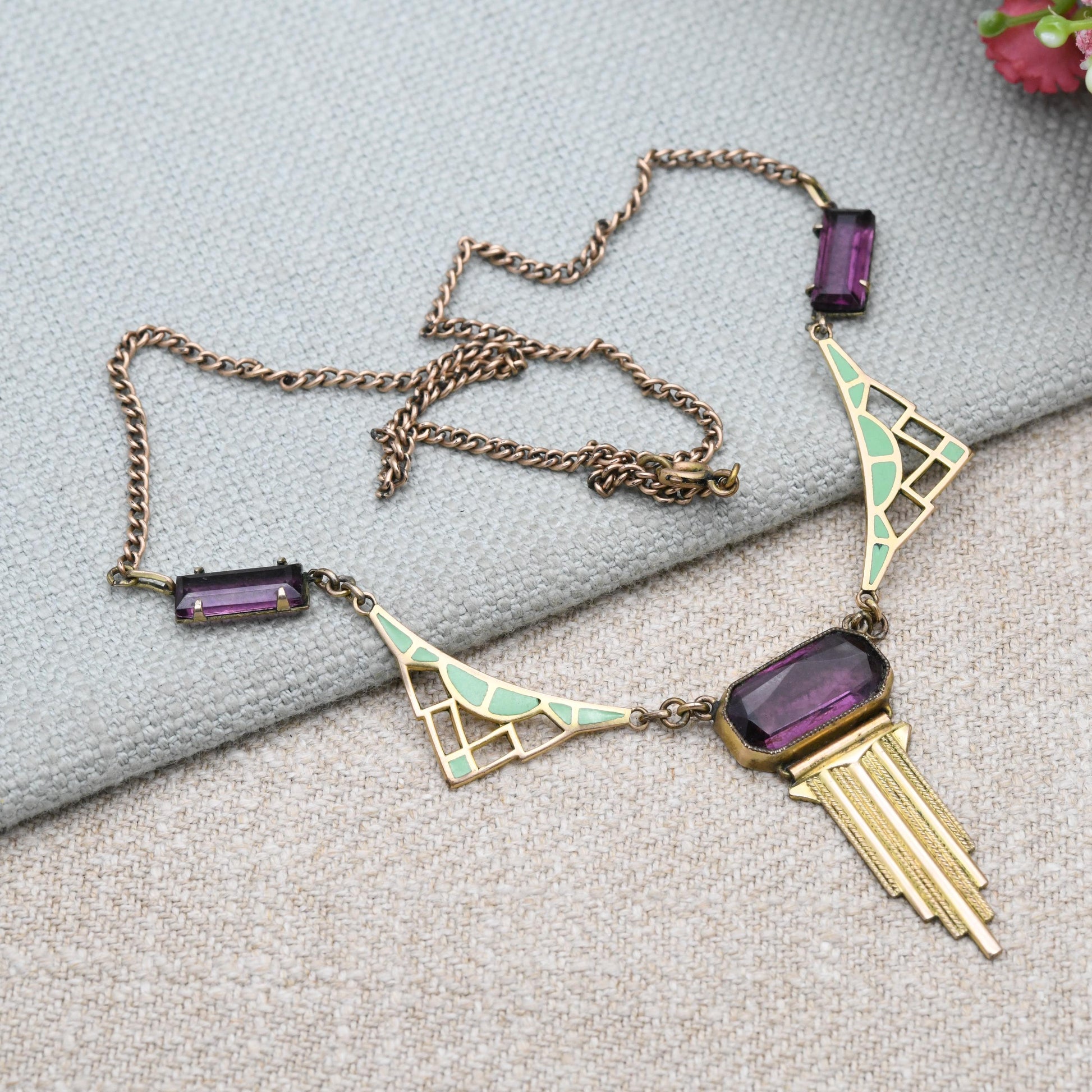 Antique Art Deco Rolled Gold Necklace with Green Enamel Panels and Purple Paste c. 1920s