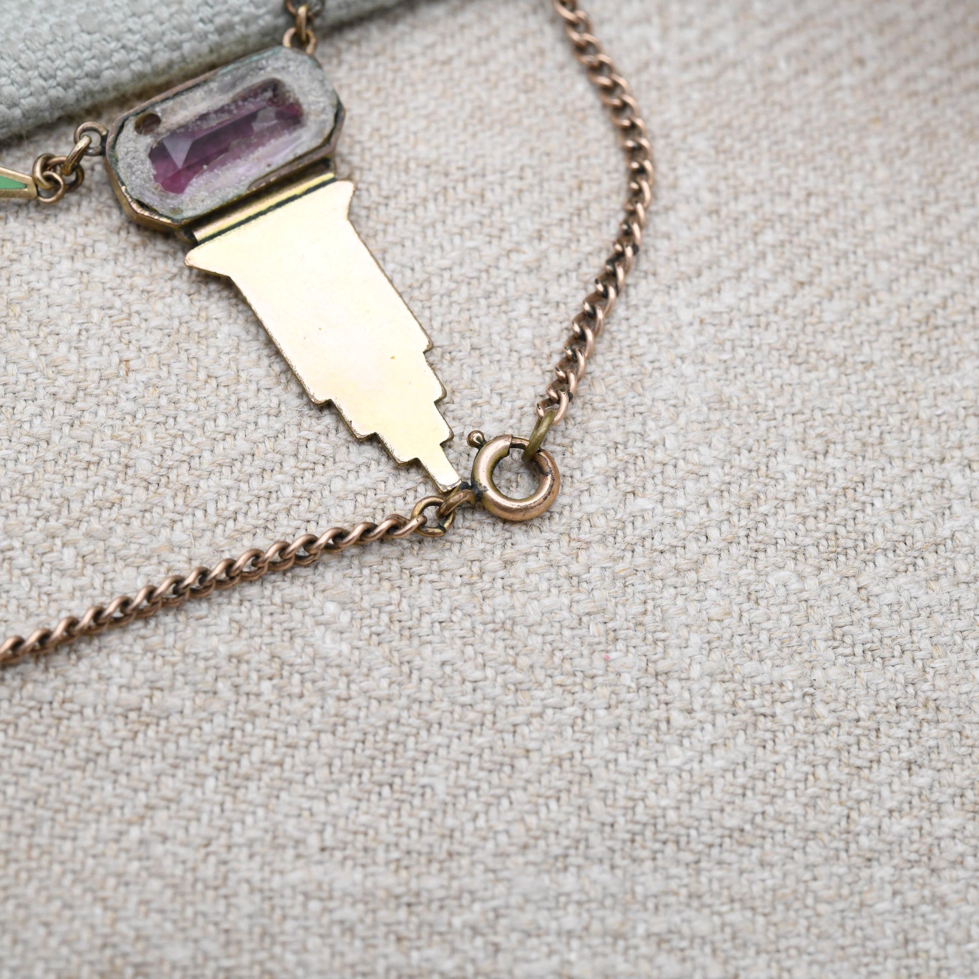 Antique Art Deco Rolled Gold Necklace with Green Enamel Panels and Purple Paste c. 1920s