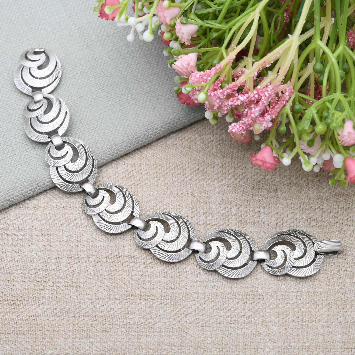 Vintage Crown Trifari Bracelet - Silver Tone Swirl Panel Bracelet | Collectable Designer Costume Jewellery c. 1980s