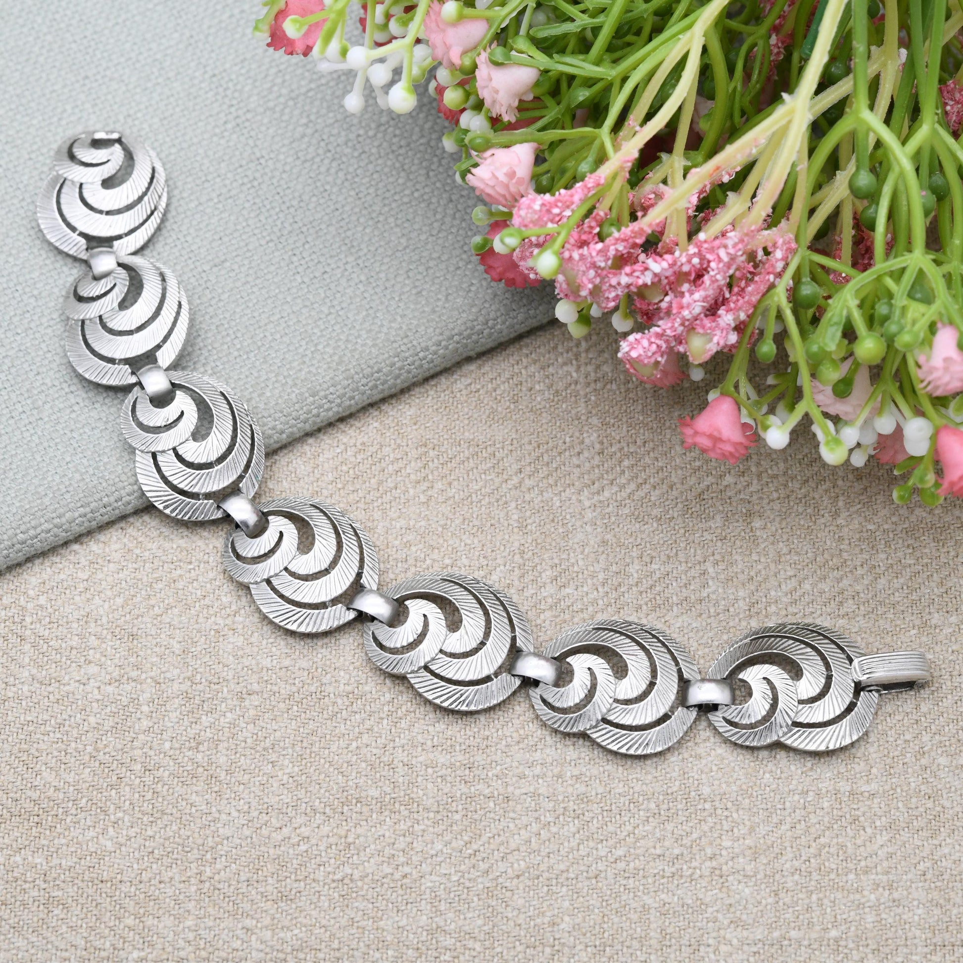 Vintage Crown Trifari Bracelet - Silver Tone Swirl Panel Bracelet | Collectable Designer Costume Jewellery c. 1980s