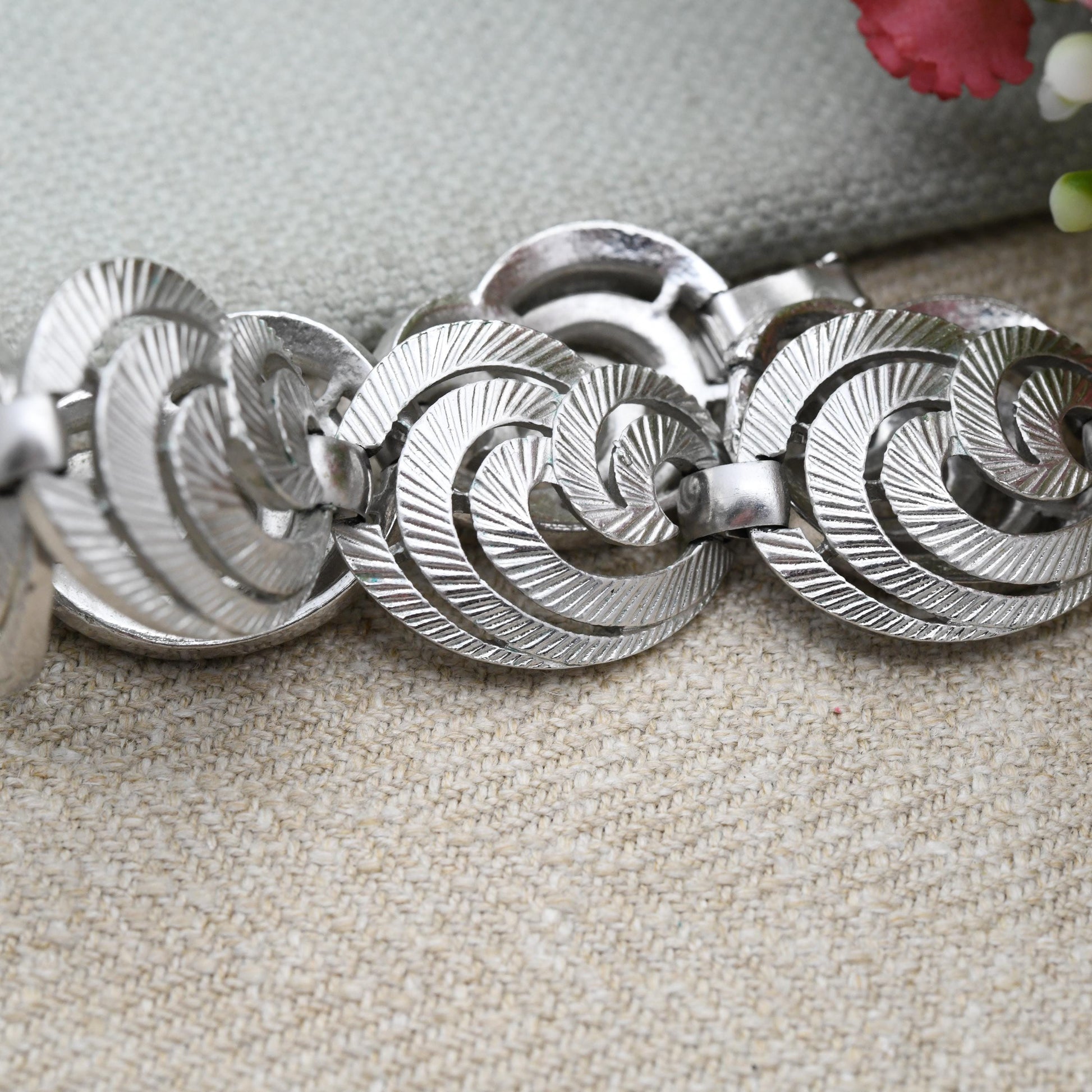 Vintage Crown Trifari Bracelet - Silver Tone Swirl Panel Bracelet | Collectable Designer Costume Jewellery c. 1980s