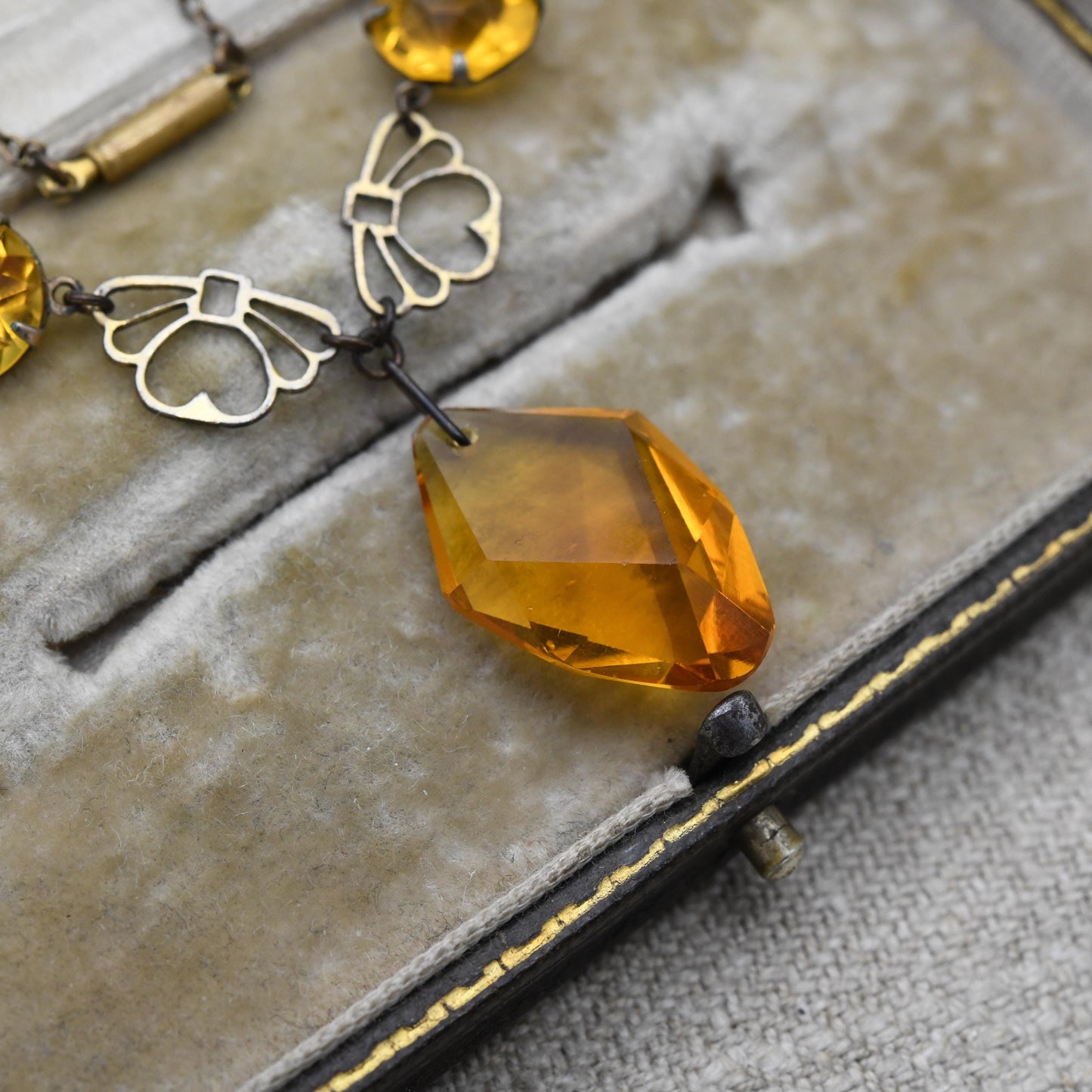 Antique Art Deco Amber Glass Necklace with Open Fan Panels and Integral Drop Pendant c. 1910s