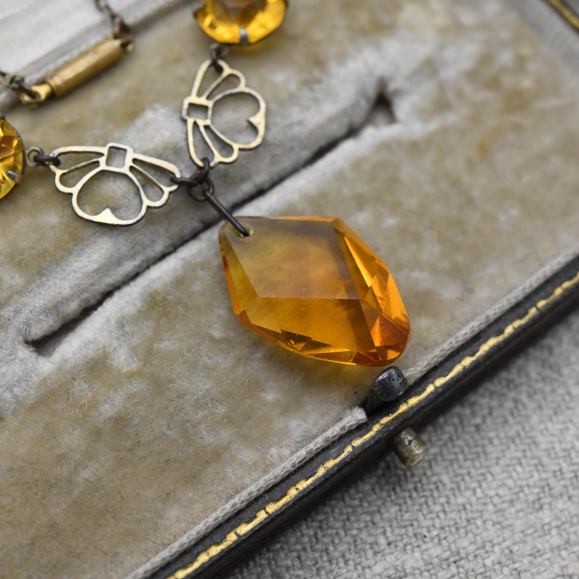 Antique Art Deco Amber Glass Necklace with Open Fan Panels and Integral Drop Pendant c. 1910s