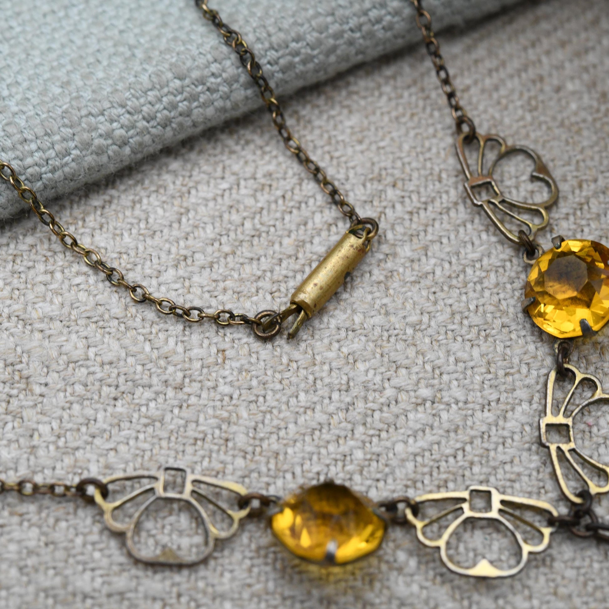 Antique Art Deco Amber Glass Necklace with Open Fan Panels and Integral Drop Pendant c. 1910s