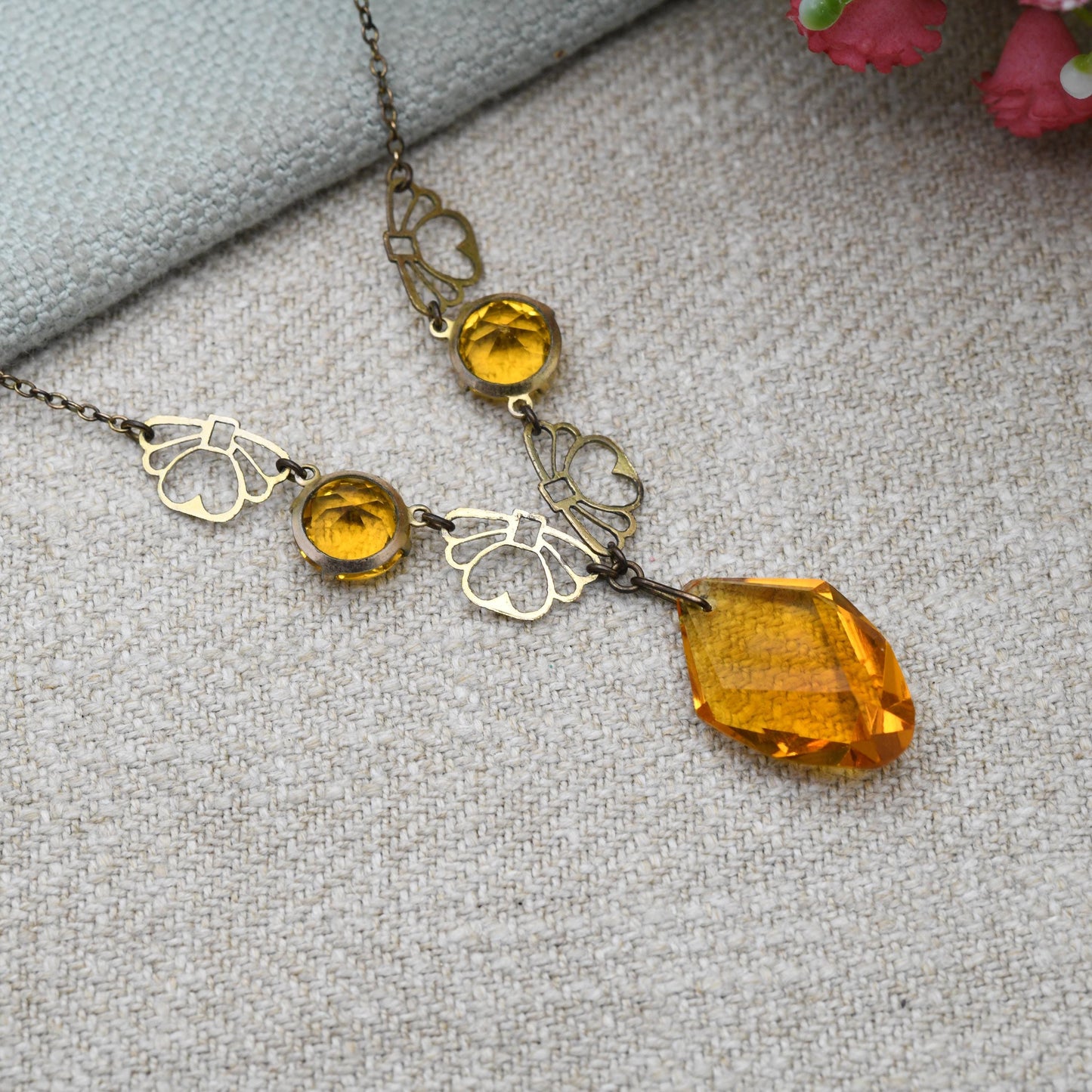 Antique Art Deco Amber Glass Necklace with Open Fan Panels and Integral Drop Pendant c. 1910s