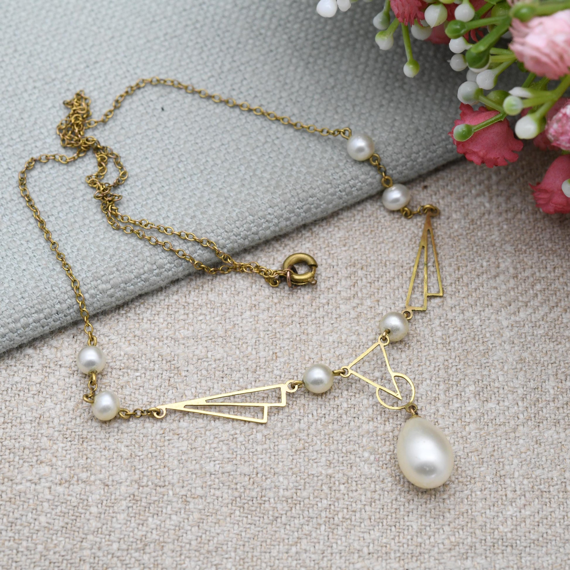 Vintage Art Deco Rolled Gold Necklace with Faux Pearl Integral Drop Pendant c. 1930s - Openwork Geometric Design