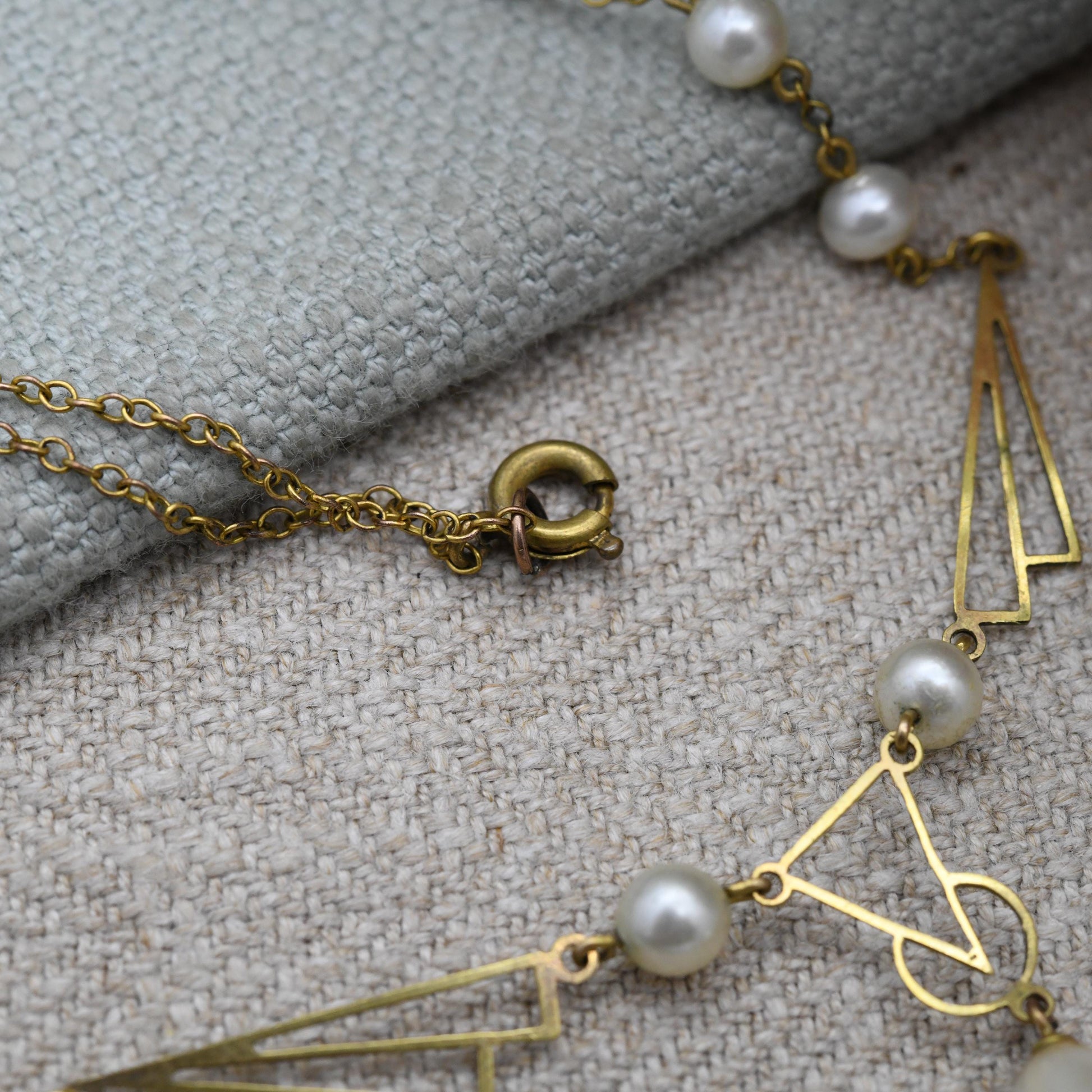 Vintage Art Deco Rolled Gold Necklace with Faux Pearl Integral Drop Pendant c. 1930s - Openwork Geometric Design