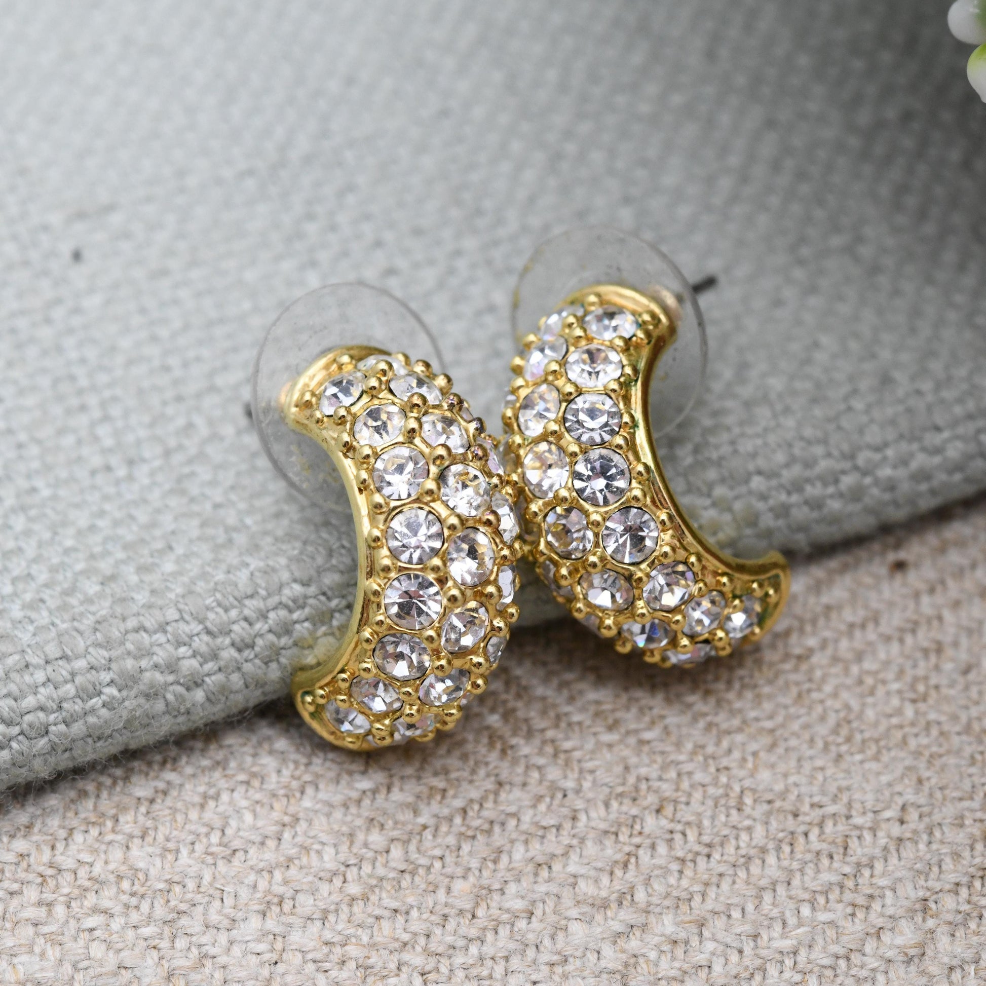 Vintage Kenneth Jay Lane Half Hoop Stud Earrings with Clear Stones KJL c. 1980s - Sparkly C Hoops | Signed Designer Costume Jewellery