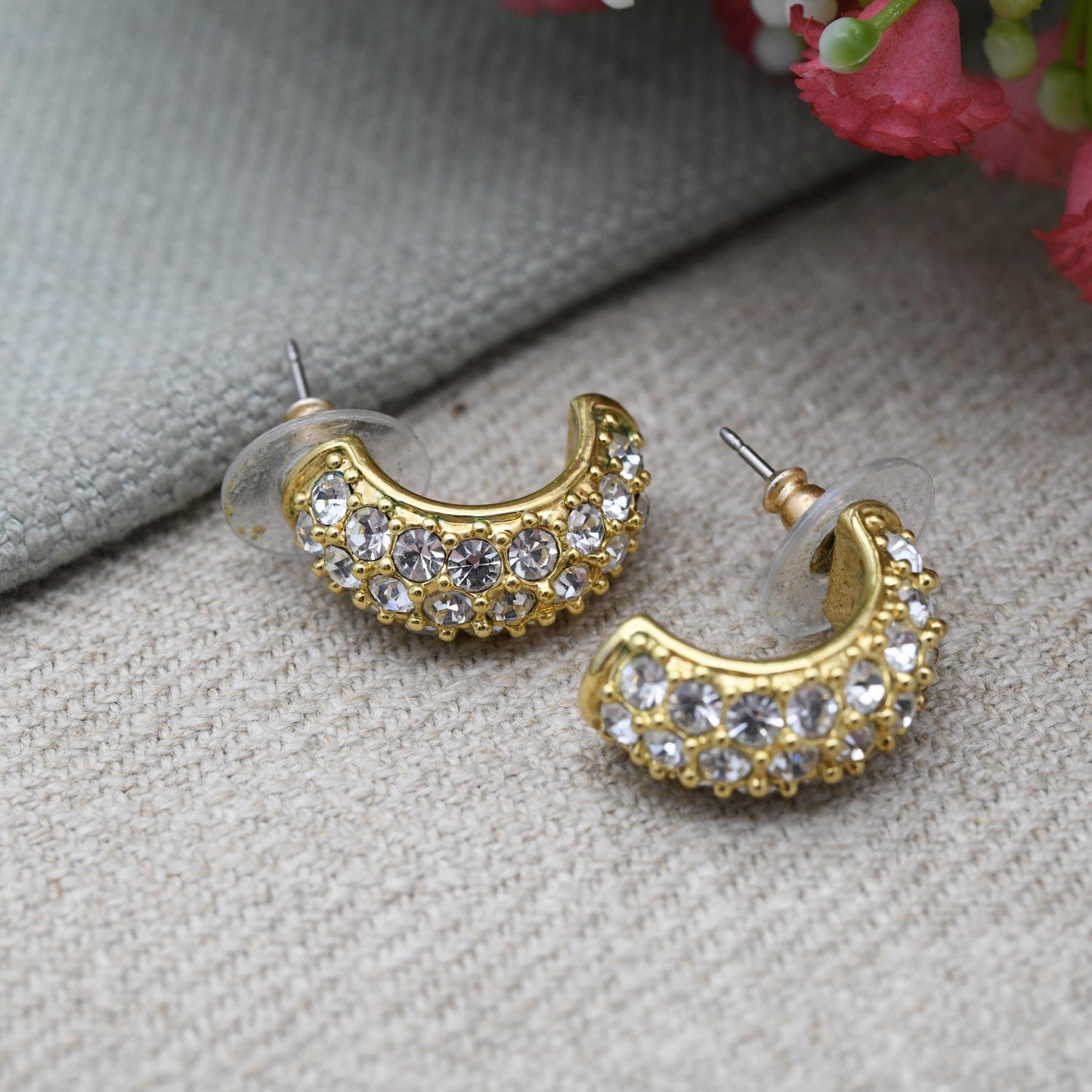 Vintage Kenneth Jay Lane Half Hoop Stud Earrings with Clear Stones KJL c. 1980s - Sparkly C Hoops | Signed Designer Costume Jewellery