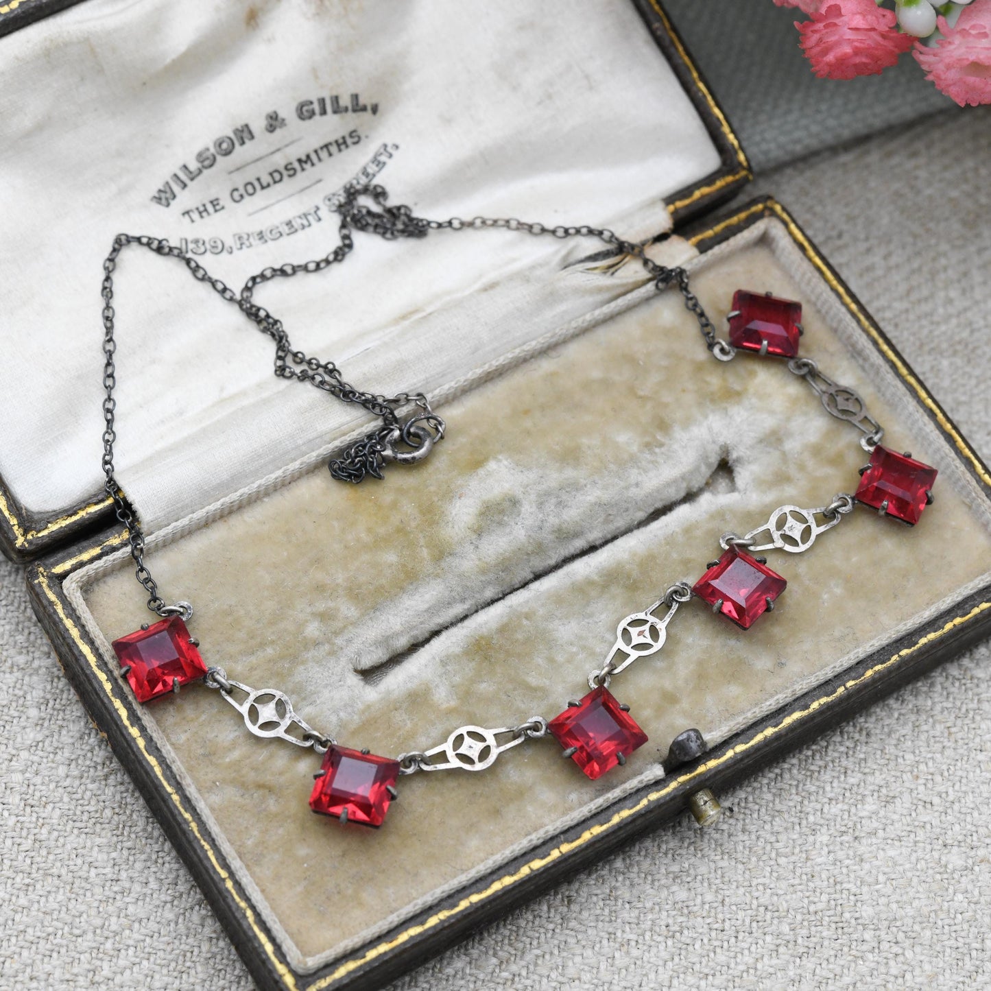 Antique European Silver Red Paste Necklace Art Deco Era c. 1920s - Square Faceted Cut Ruby Glass | 15"