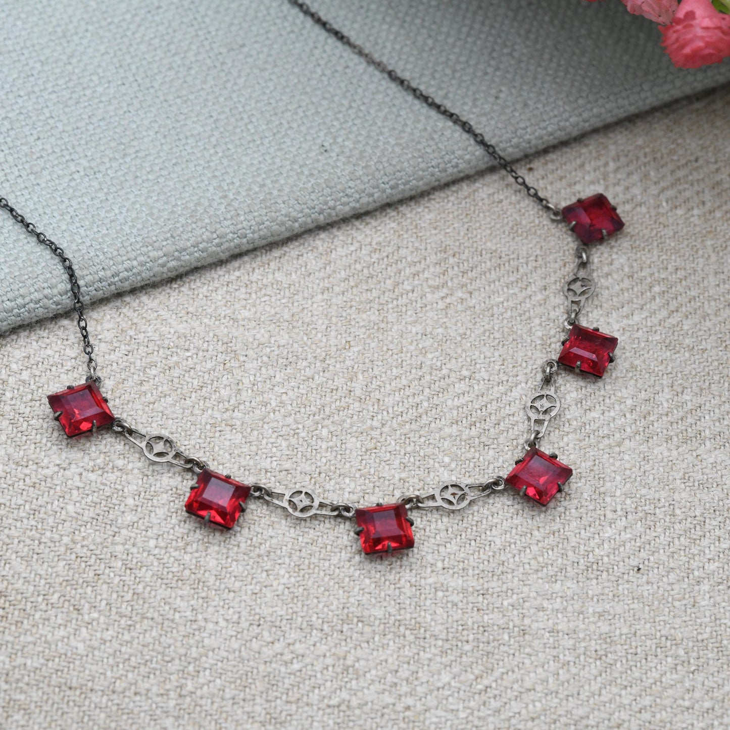 Antique European Silver Red Paste Necklace Art Deco Era c. 1920s - Square Faceted Cut Ruby Glass | 15"