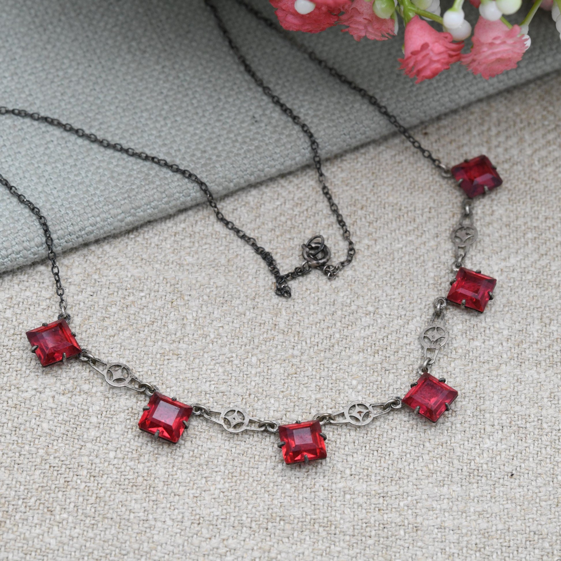 Antique European Silver Red Paste Necklace Art Deco Era c. 1920s - Square Faceted Cut Ruby Glass | 15"