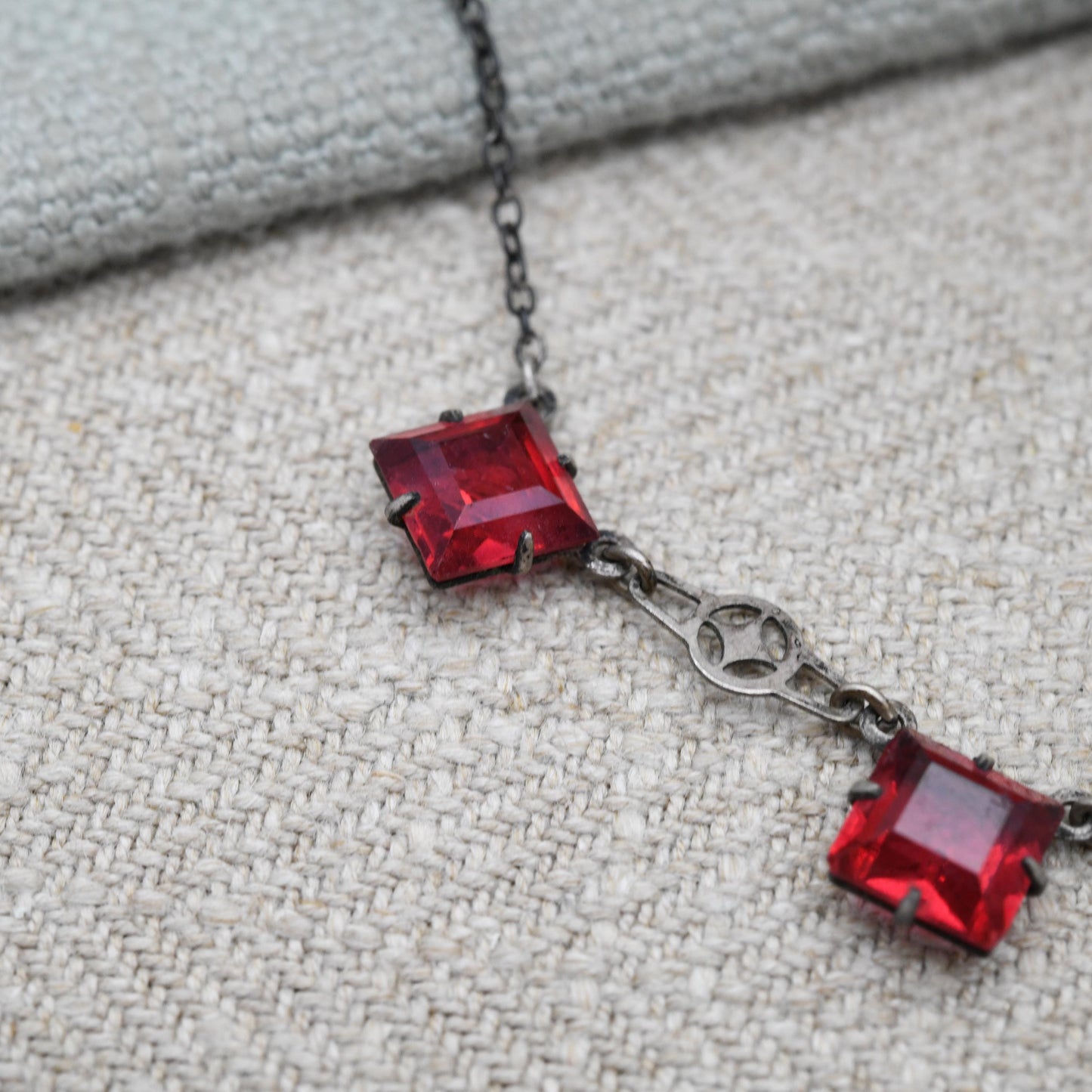 Antique European Silver Red Paste Necklace Art Deco Era c. 1920s - Square Faceted Cut Ruby Glass | 15"