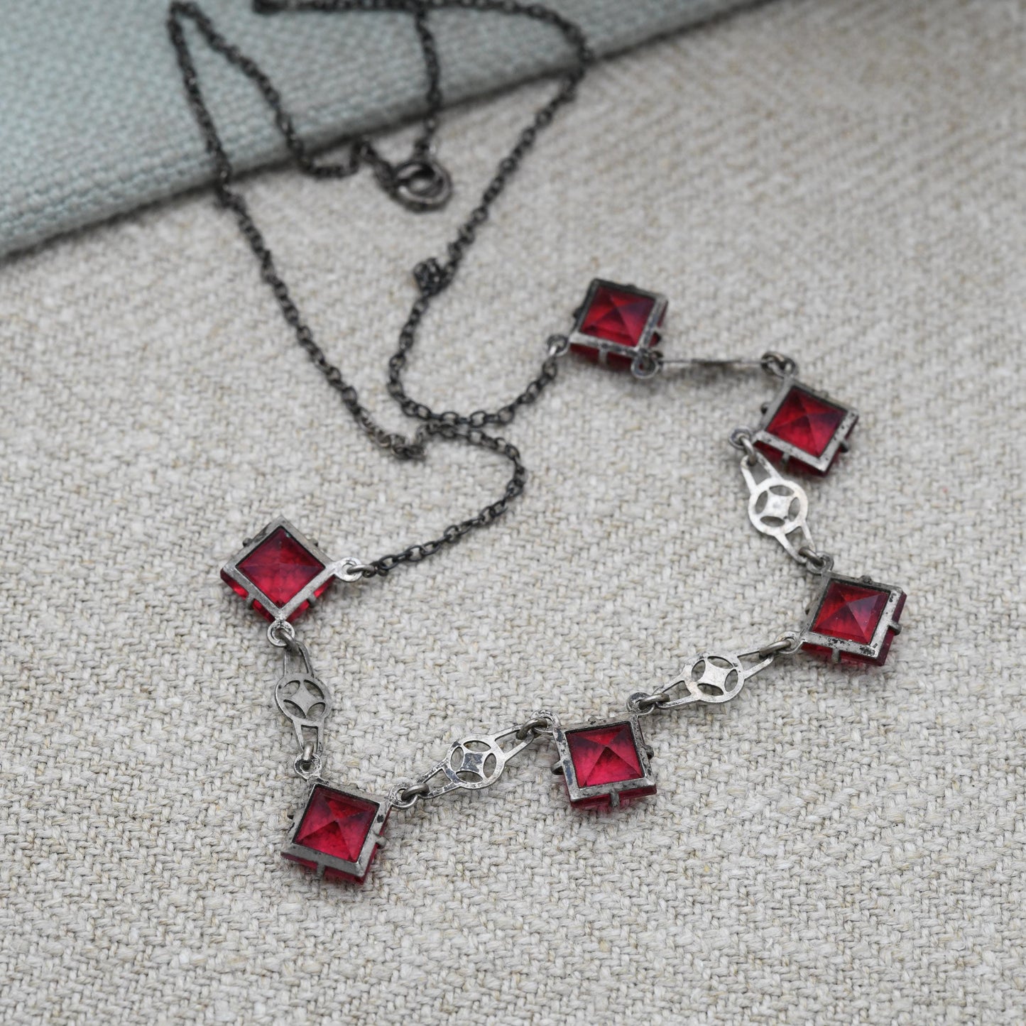 Antique European Silver Red Paste Necklace Art Deco Era c. 1920s - Square Faceted Cut Ruby Glass | 15"