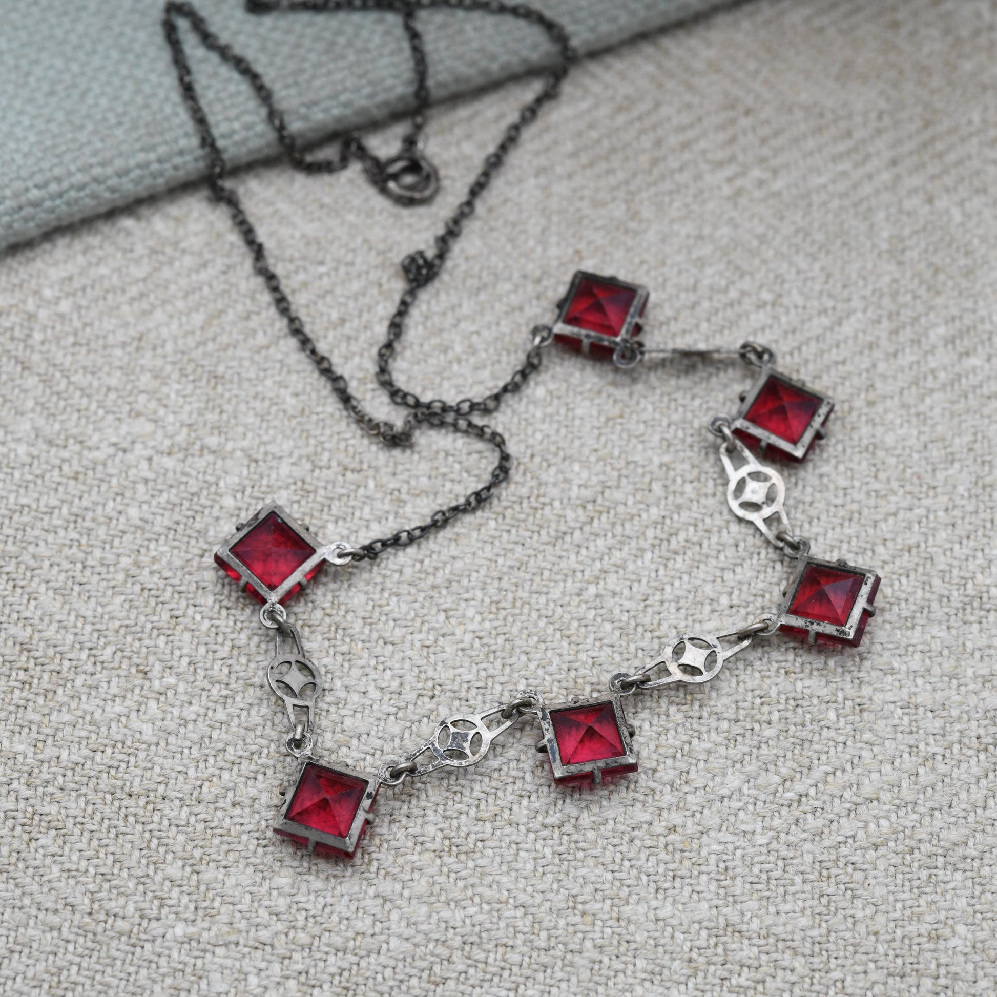 Antique European Silver Red Paste Necklace Art Deco Era c. 1920s - Square Faceted Cut Ruby Glass | 15"