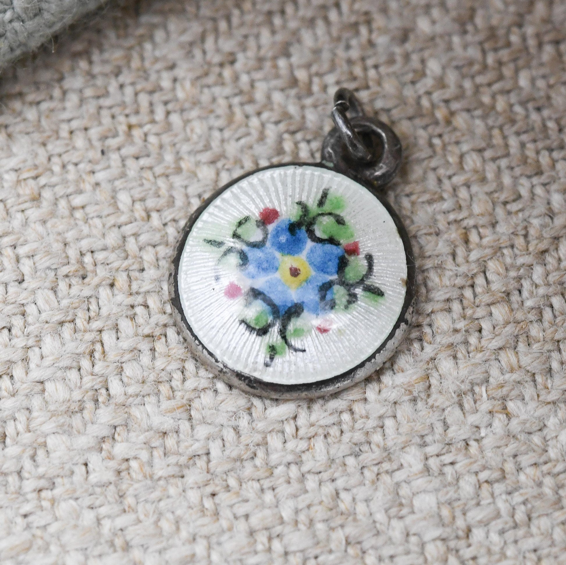Vintage Sterling Silver Guilloche Enamel Blue Flower Charm Pendant c. 1950s