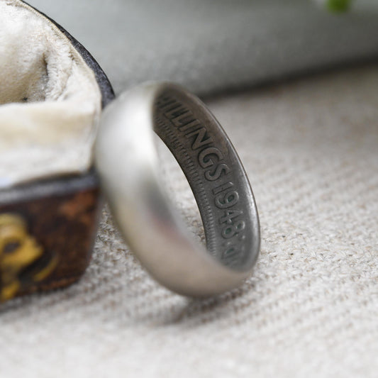 Vintage 1948 Two Shillings Coin Band Ring King George VI - Unusual Plain Band Hidden Secret Words | UK Size - L 1/2 | US Size - 6 1/4
