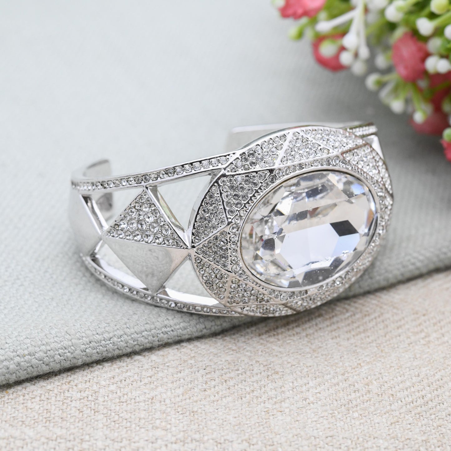 Swarovski Silver Tone Crystal Bangle Bracelet with Clear Stones