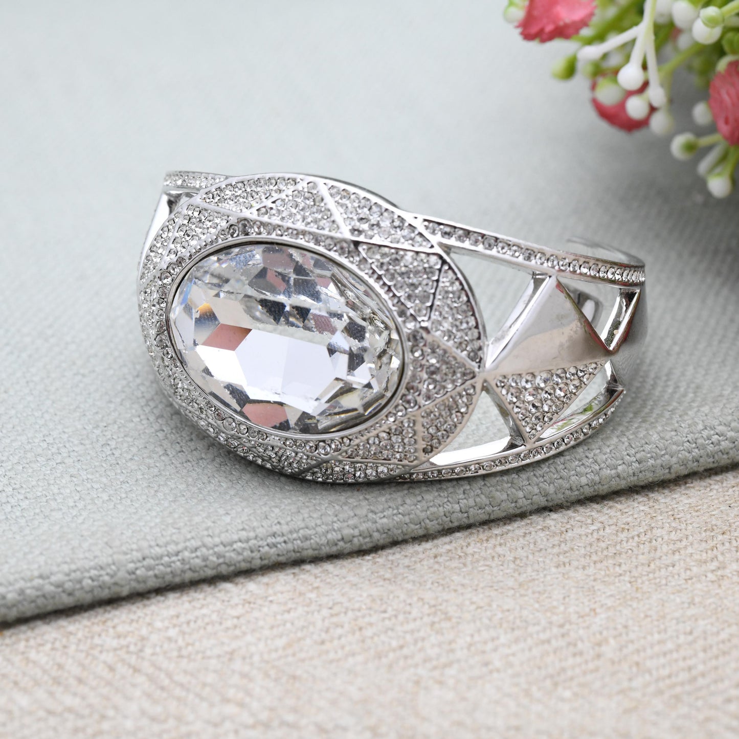 Swarovski Silver Tone Crystal Bangle Bracelet with Clear Stones