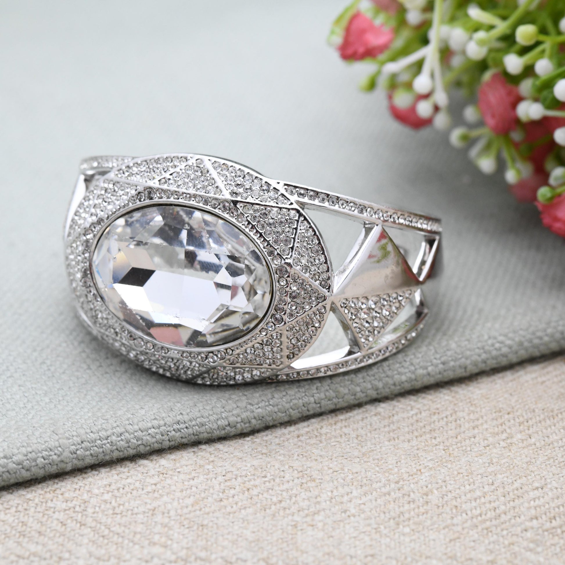 Swarovski Silver Tone Crystal Bangle Bracelet with Clear Stones