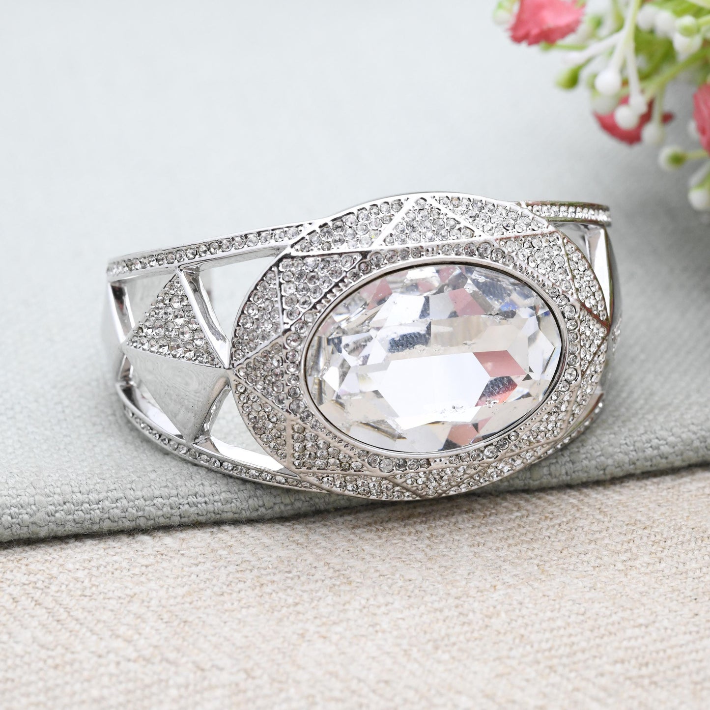 Swarovski Silver Tone Crystal Bangle Bracelet with Clear Stones