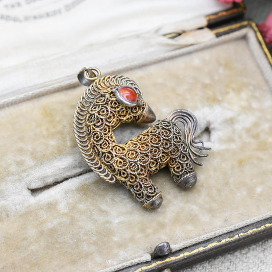 Vintage Chinese Export Silver Gilt Filigree Horse Pendant with Red Enamel Eyes
