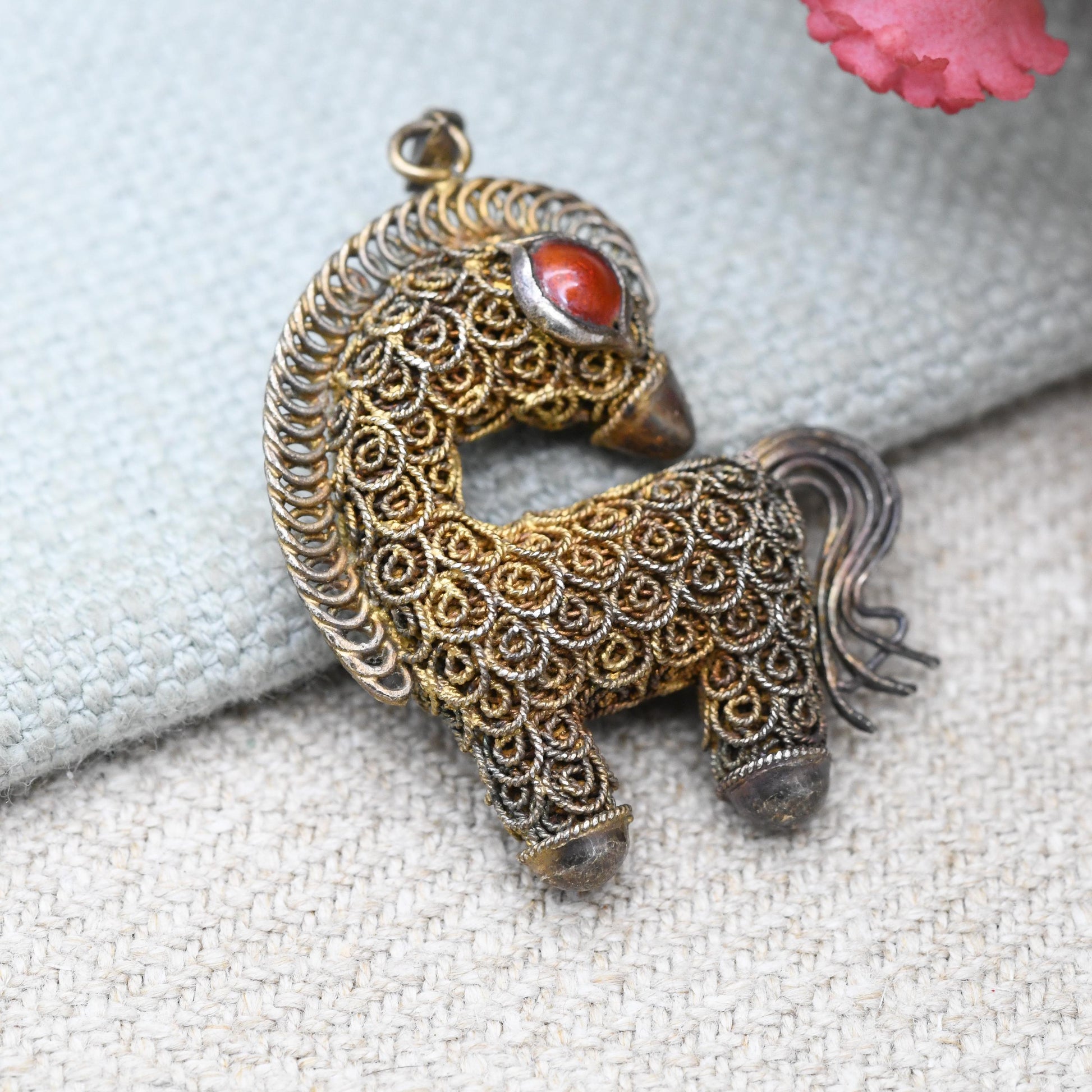 Vintage Chinese Export Silver Gilt Filigree Horse Pendant with Red Enamel Eyes