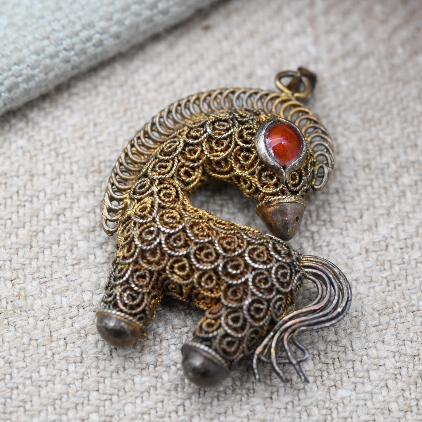 Vintage Chinese Export Silver Gilt Filigree Horse Pendant with Red Enamel Eyes