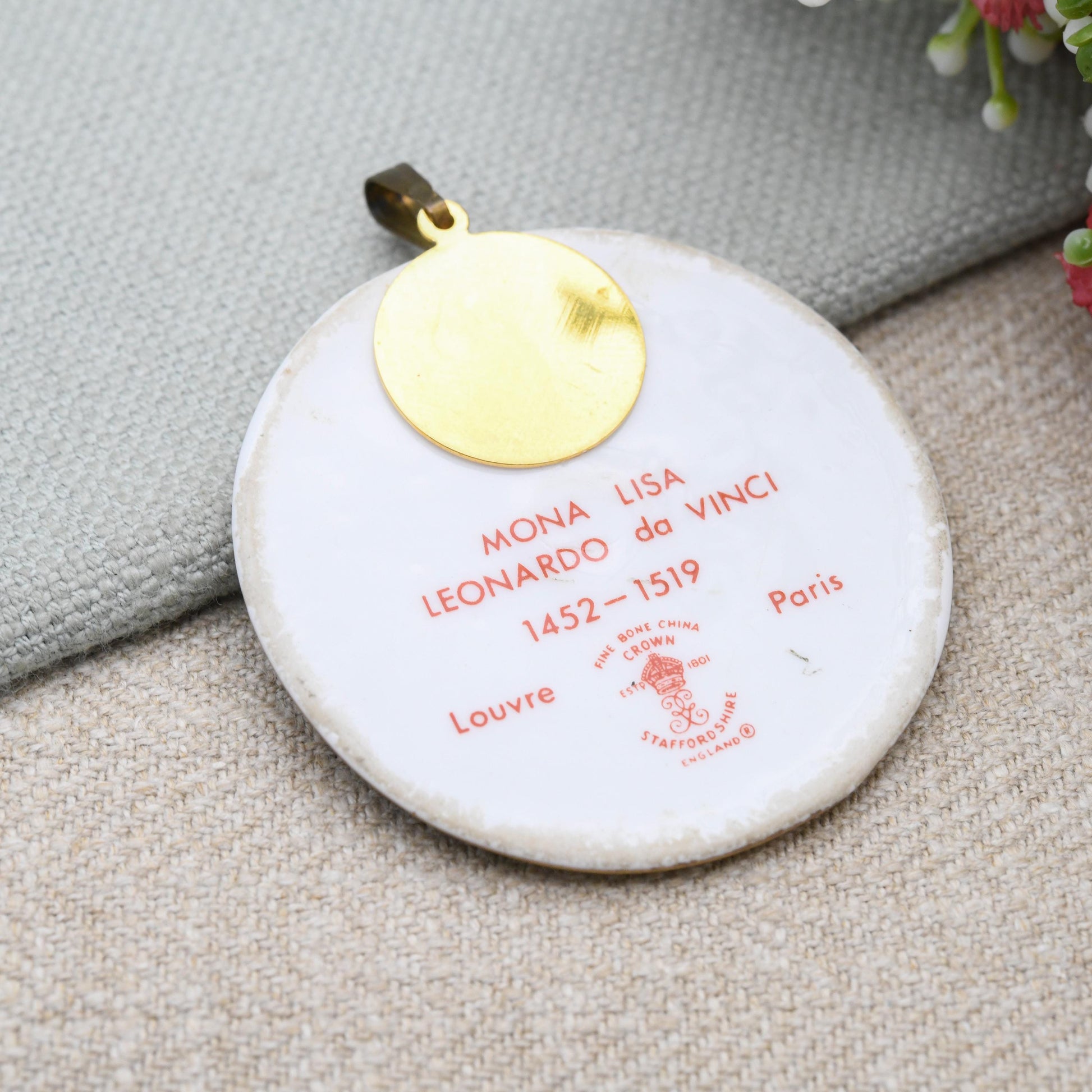 Vintage Mona Lisa Pendant by Crown Staffordshire for Louvre Museum Paris - Large Fine Bone China Necklace